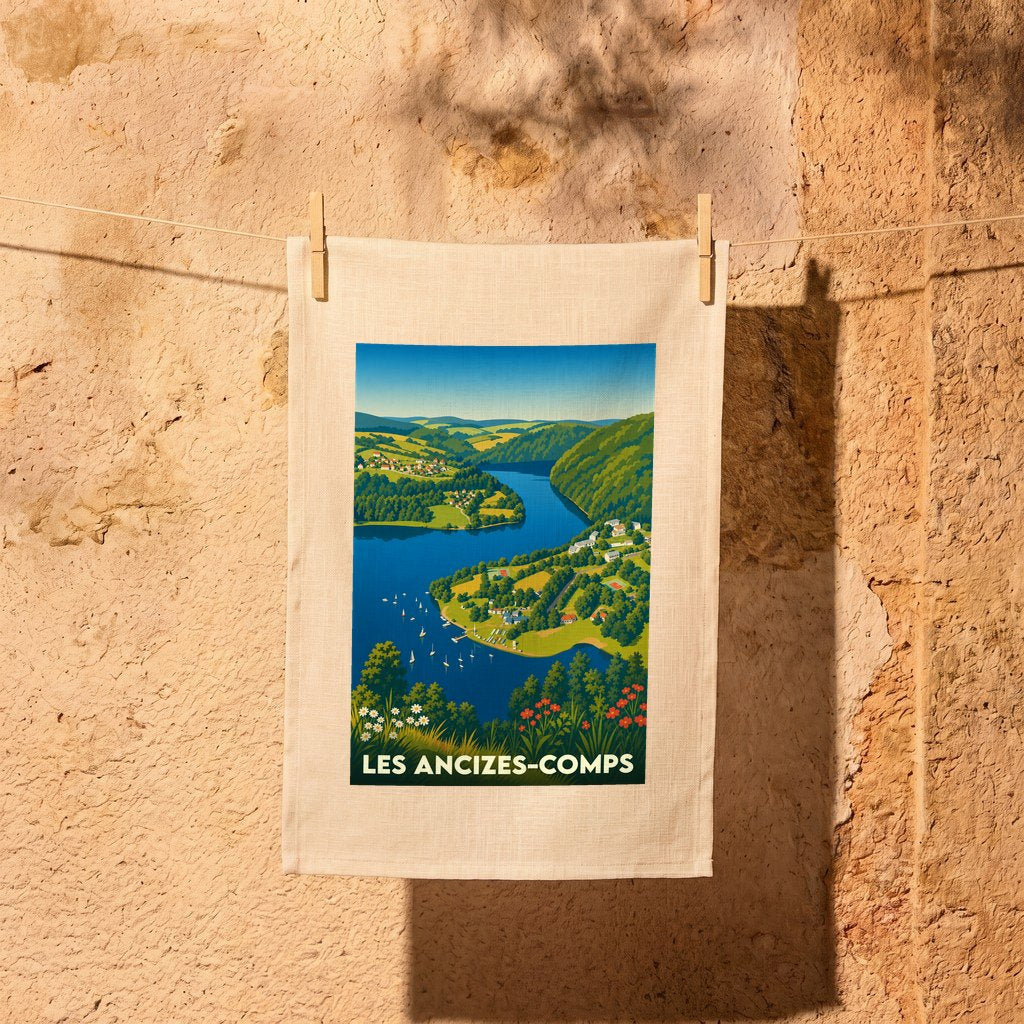 Torchon souvenir de la ville de Les Ancizes-Comps illustré par une vue panoramique stylisée du lac.