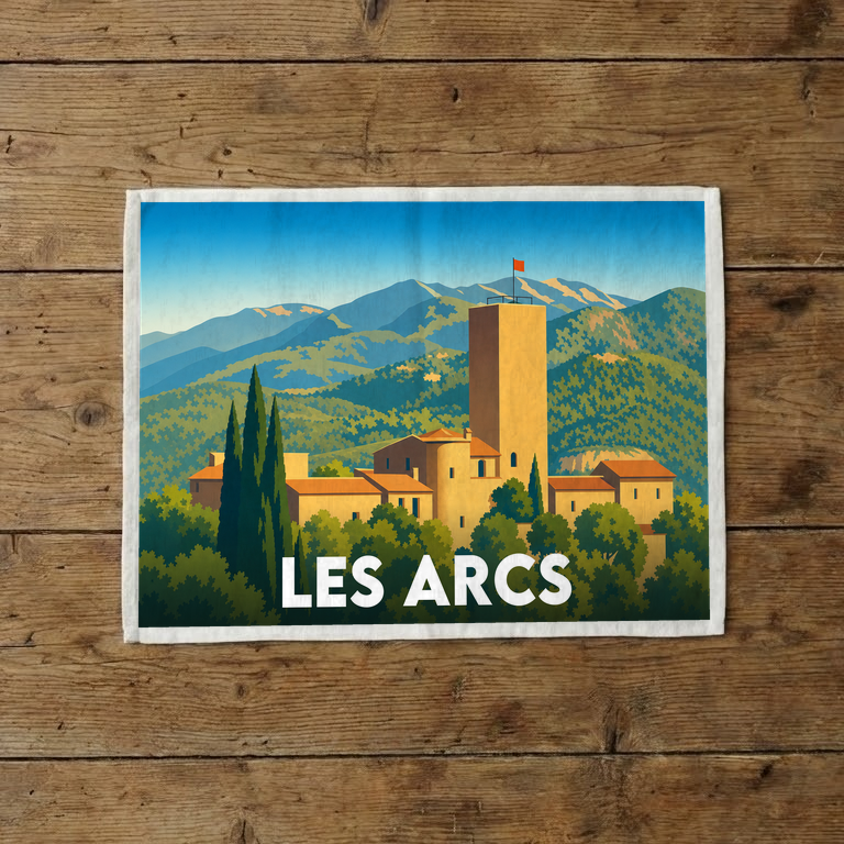 Torchon souvenir de la ville des Arcs avec une illustration stylisée représentant un village provençal et ses montagnes.