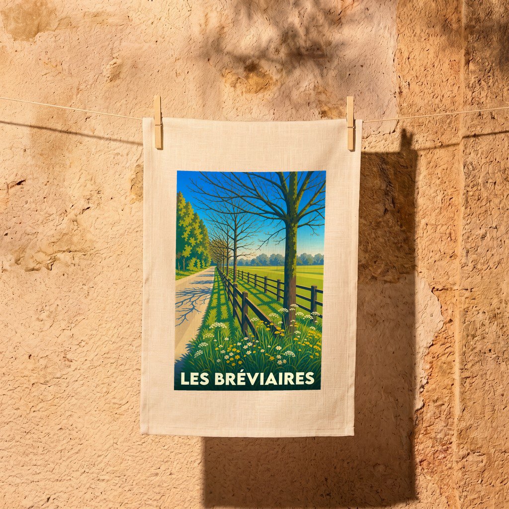 Torchon souvenir de la ville de Les Bréviaires illustré par un paysage champêtre stylisé.
