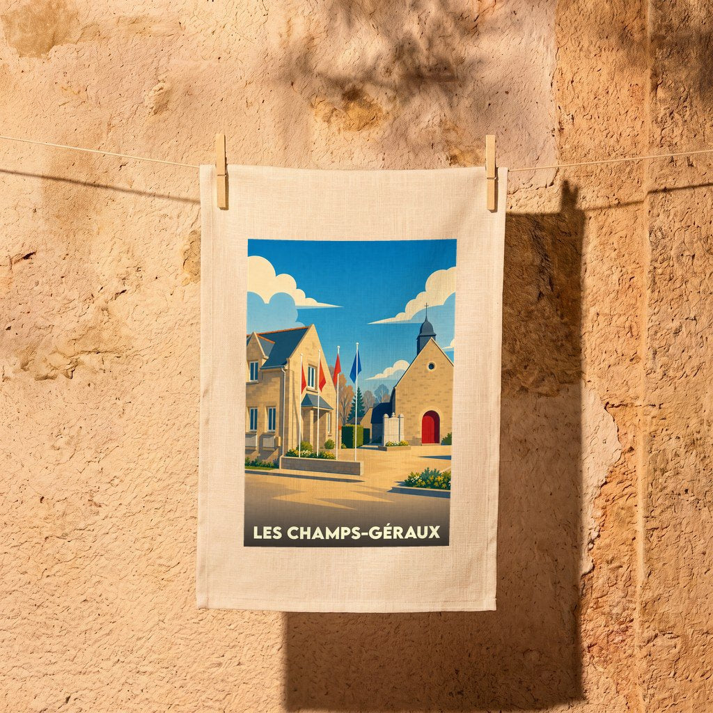 Torchon souvenir de la ville de Les Champs-Géraux avec une illustration stylisée.