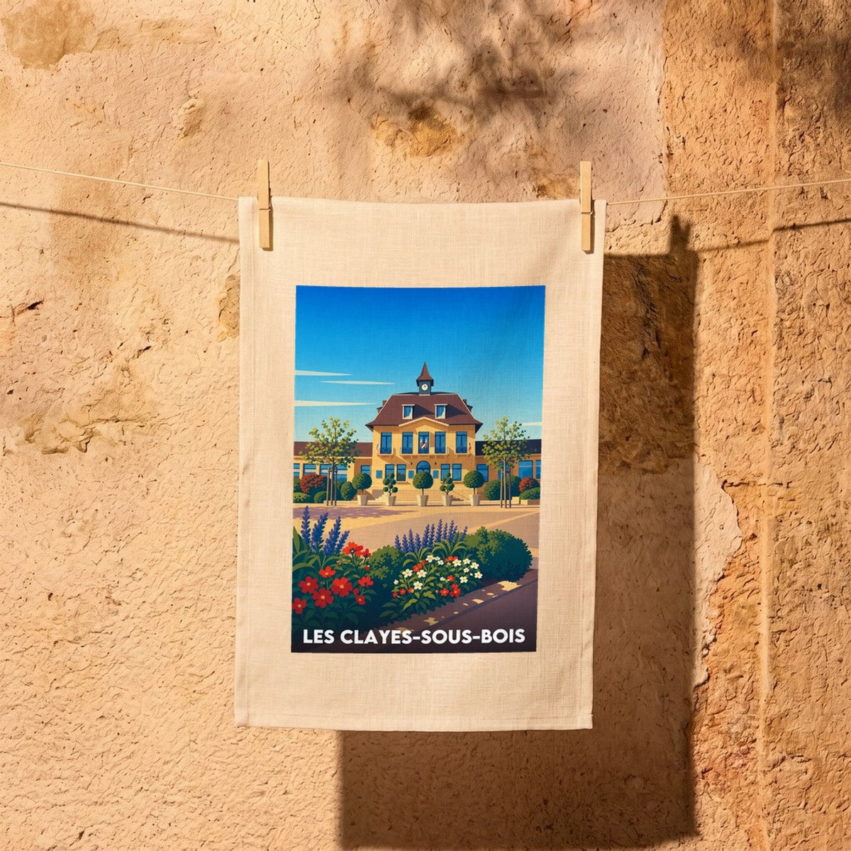 Torchon souvenir de la ville de Les Clayes-sous-Bois avec une illustration stylisée.