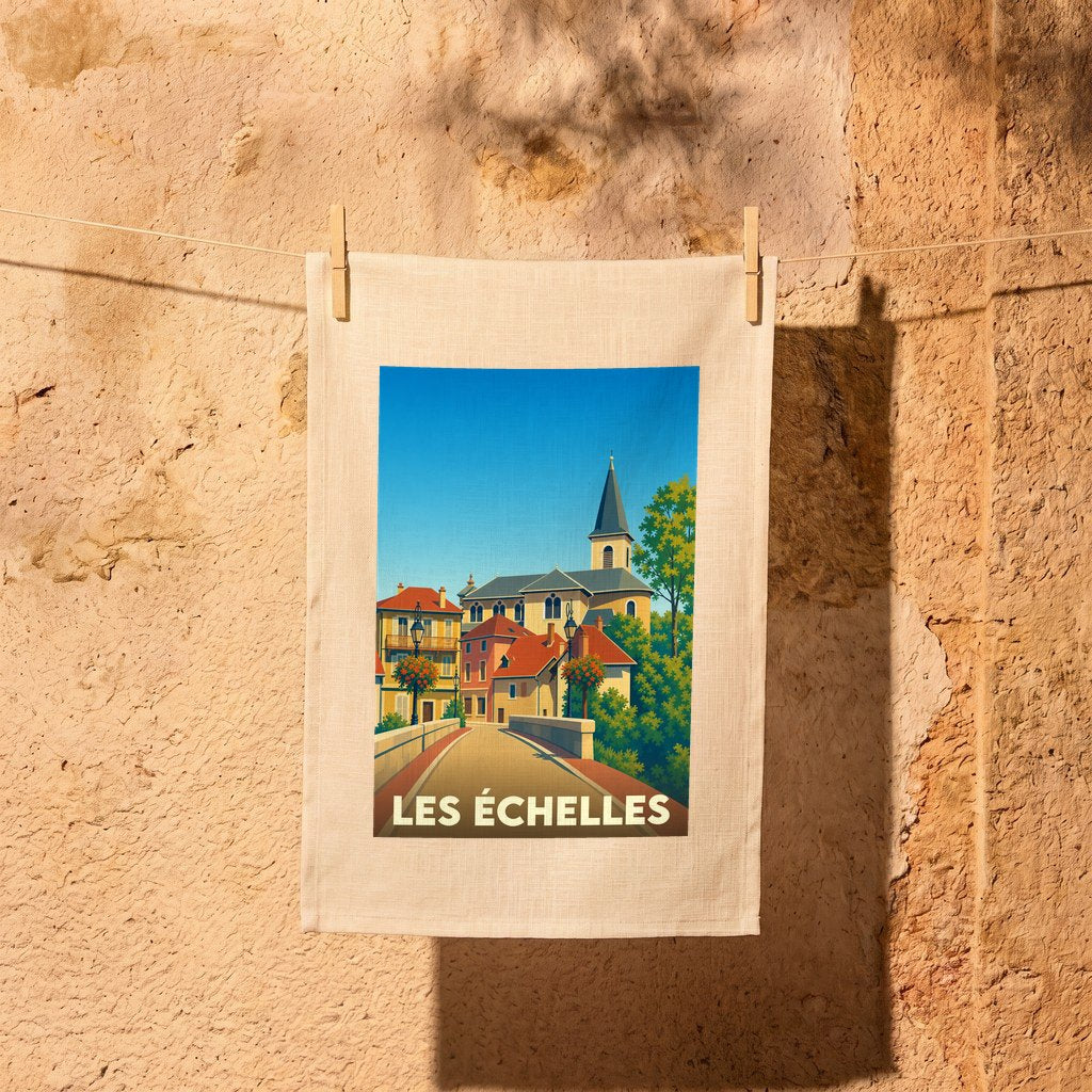 Torchon souvenir de la ville de Les Échelles illustré d'un paysage urbain stylisé avec son église et son pont.