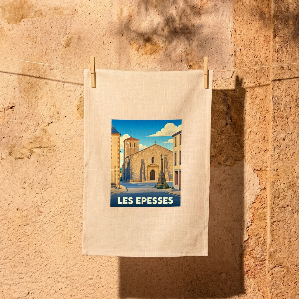 Torchon souvenir de la ville de Les Epesses avec une illustration stylisée.