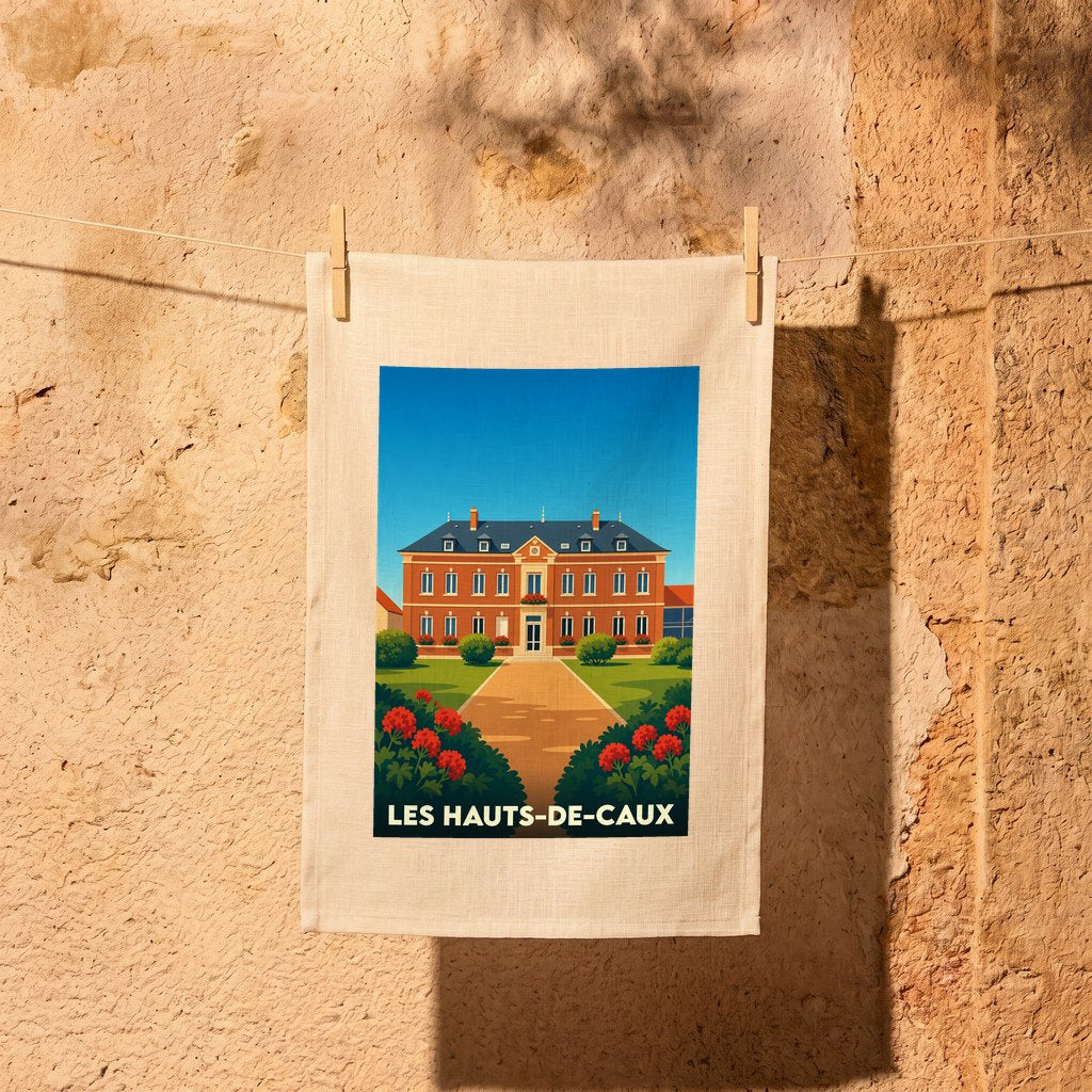 Torchon souvenir de la ville de Les Hauts-de-Caux avec une illustration stylisée d'un manoir.