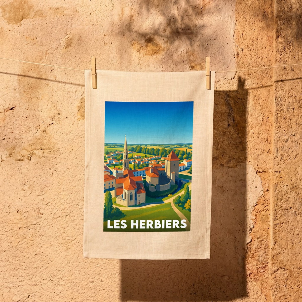 Torchon souvenir de la ville de Les Herbiers avec une illustration stylisée d'un paysage urbain.