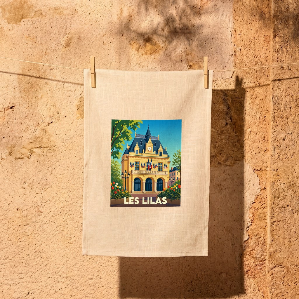 Torchon souvenir de la ville de Les Lilas illustrant son hôtel de ville dans un style rétro et coloré.