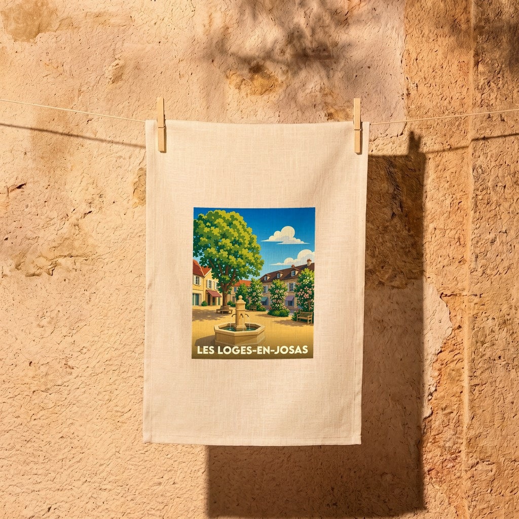 Torchon souvenir de la ville de Les Loges-en-Josas avec une illustration stylisée d'une place ensoleillée.