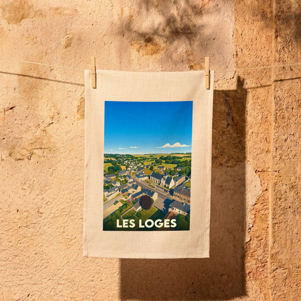 Torchon souvenir de la ville de Les Loges avec une illustration stylisée d'un paysage urbain.