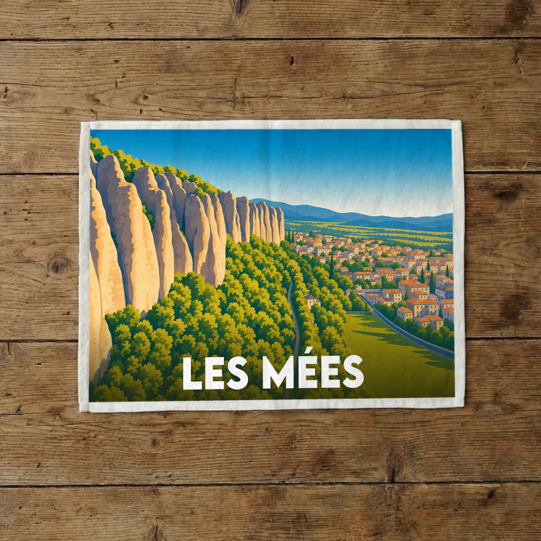 Torchon souvenir de la ville de Les Mées avec une illustration stylisée des falaises des Pénitents.