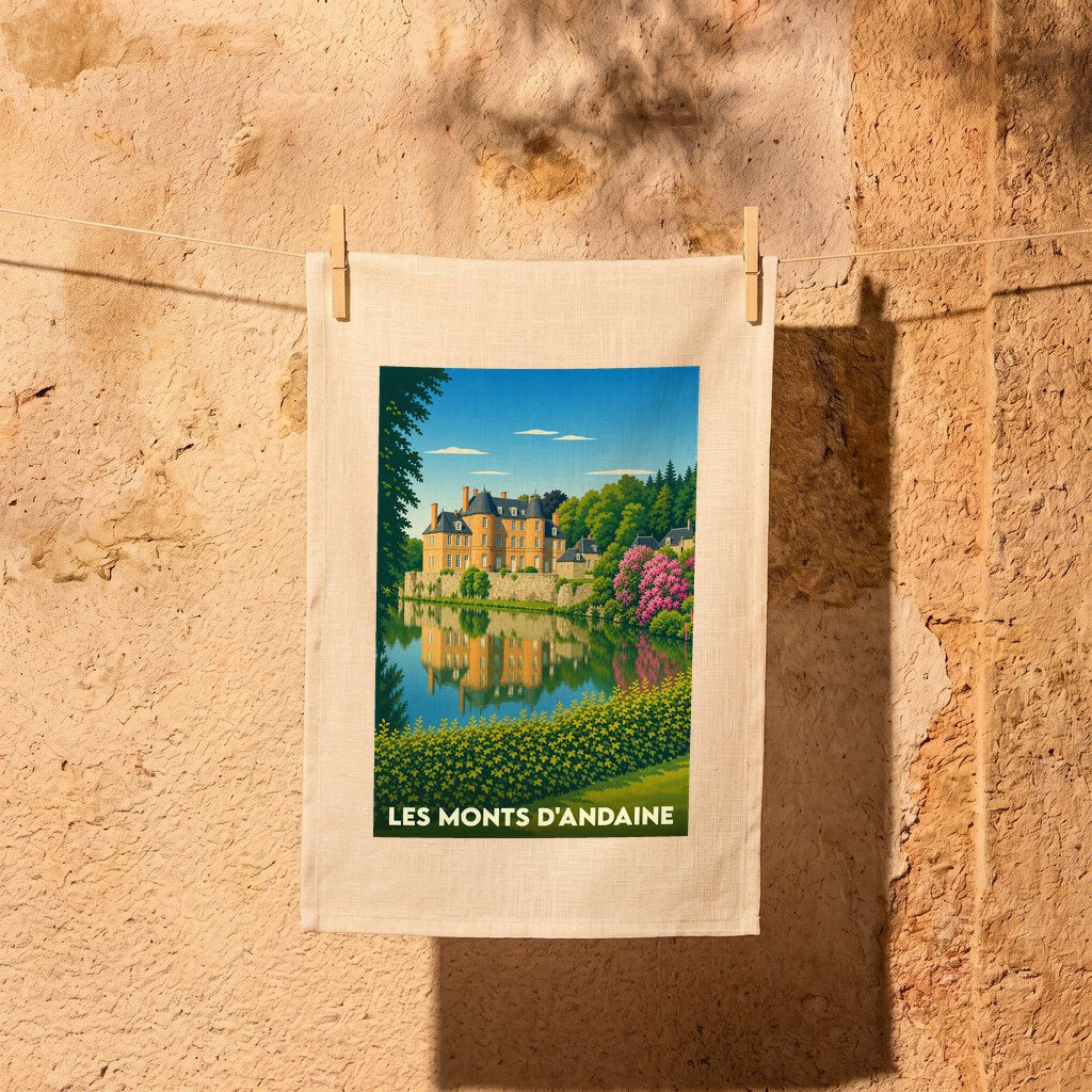 Torchon souvenir de la commune de Les Monts d'Andaine illustré d'un château se reflétant dans l'eau.