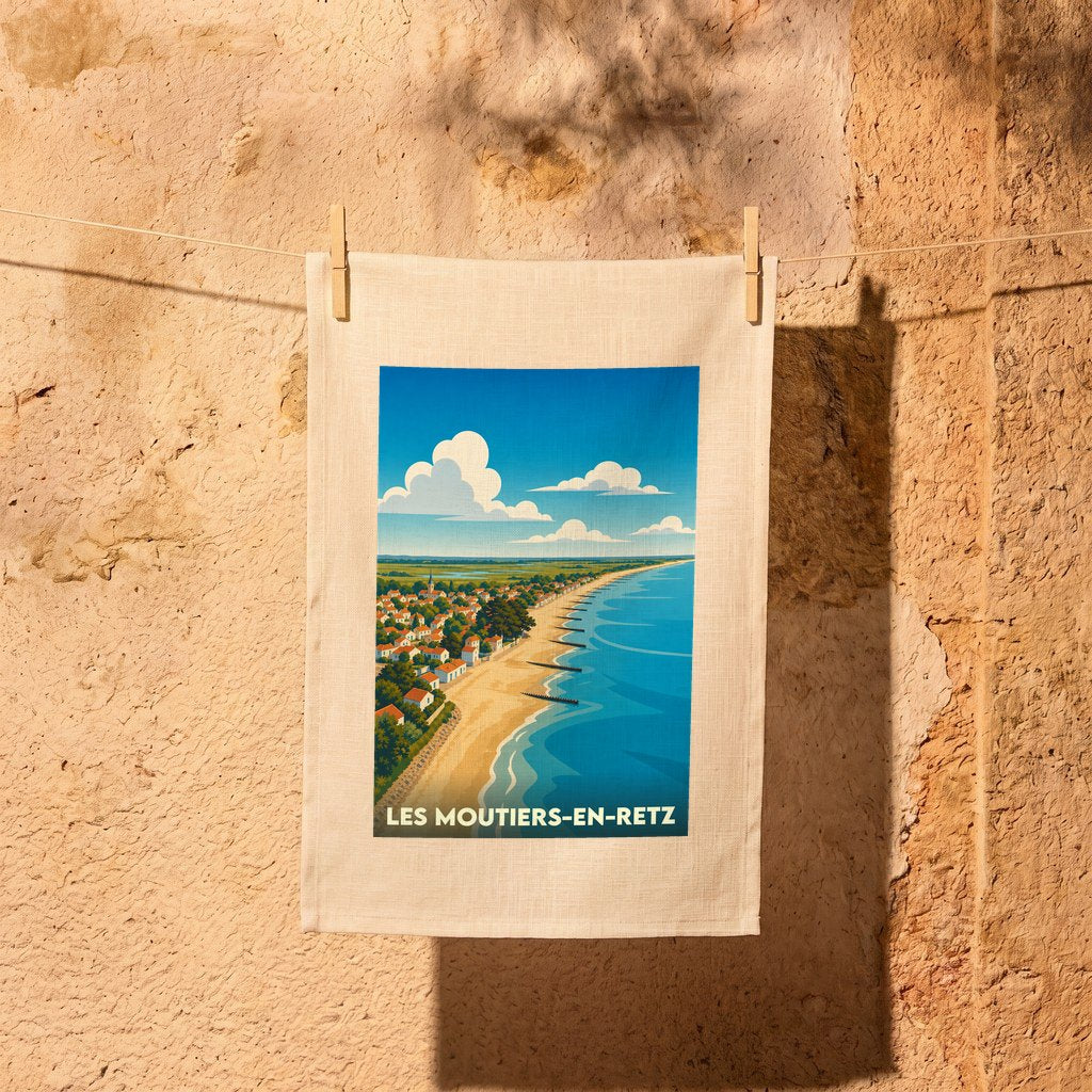 Torchon souvenir de la ville de Les Moutiers-en-Retz avec une illustration stylisée de sa côte.