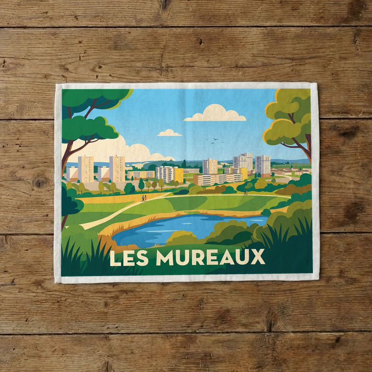 Torchon souvenir de la ville des Mureaux avec une illustration stylisée d'un parc et de bâtiments.