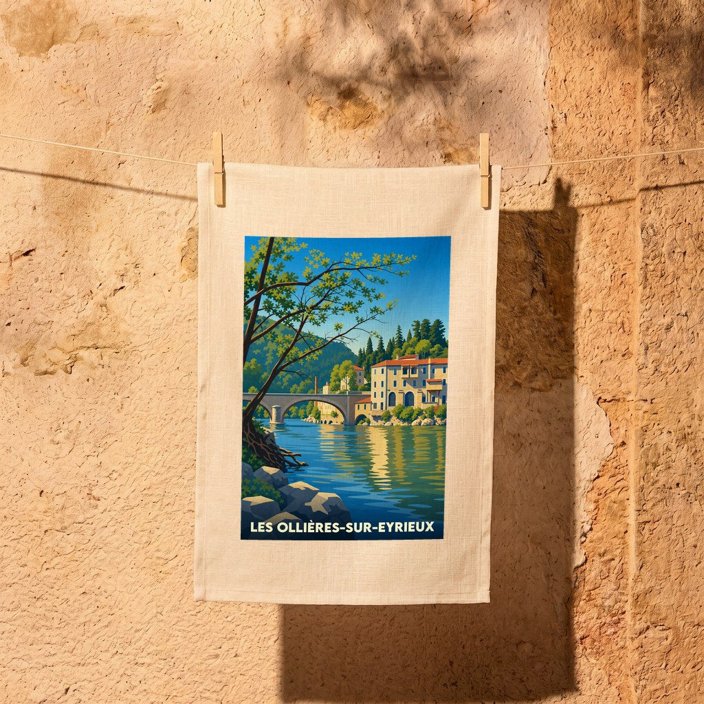 Torchon souvenir de la ville de Les Ollières-sur-Eyrieux avec une illustration stylisée d'un paysage de rivière.