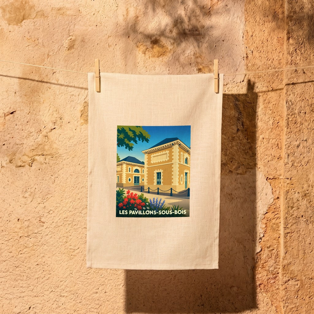 Torchon souvenir de la ville de Les Pavillons-sous-Bois avec une illustration stylisée de ses pavillons historiques.