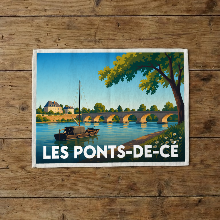 Torchon souvenir de la ville de Les Ponts-de-Cé avec une illustration stylisée.