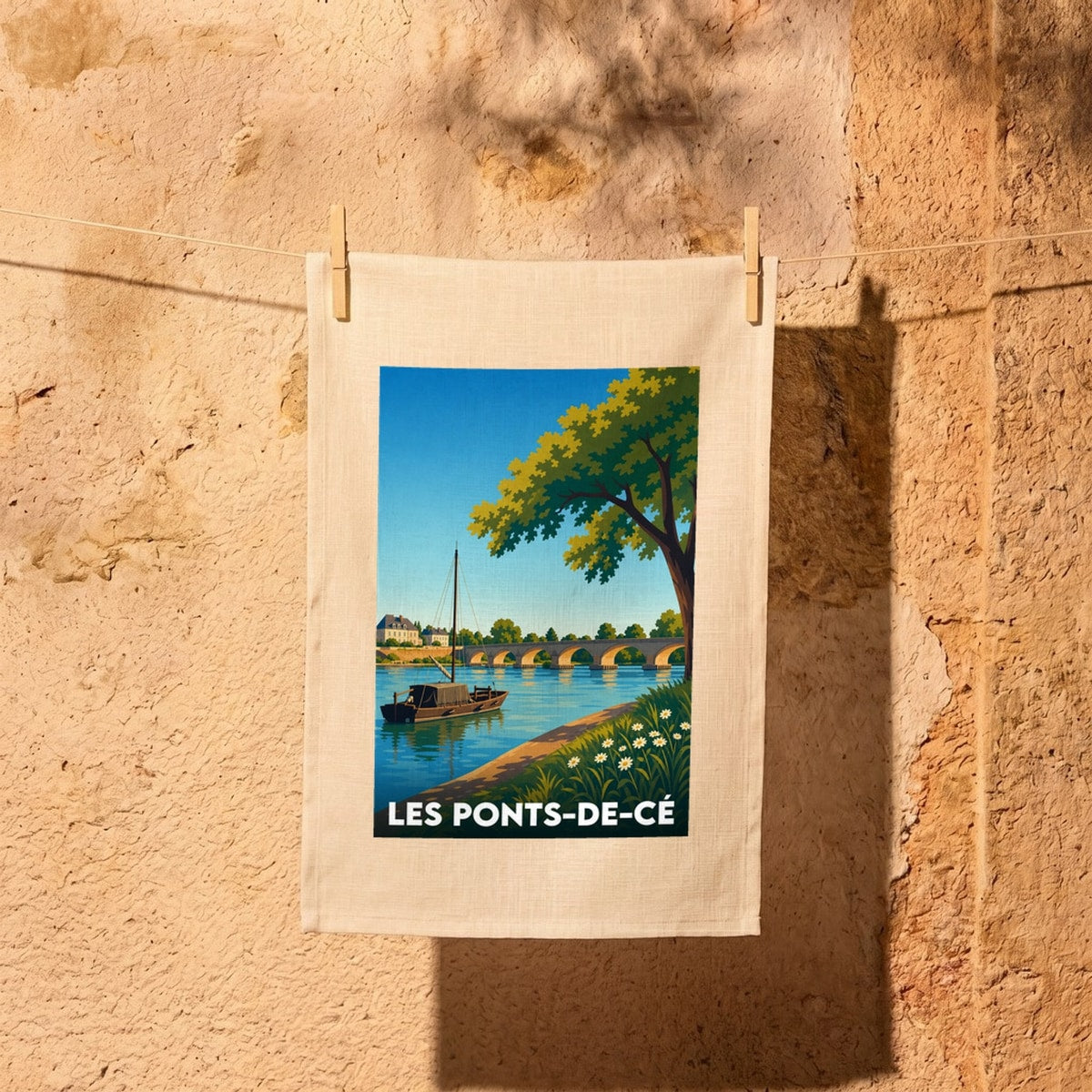 Torchon souvenir de la ville de Les Ponts-de-Cé avec une illustration stylisée.