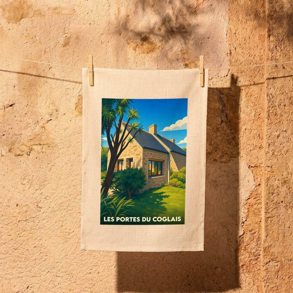 Torchon souvenir de la ville de Les Portes du Coglais illustré d'une maison en pierre sous un ciel bleu.