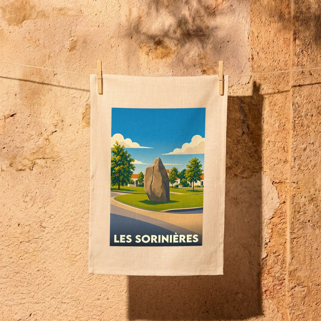 Torchon souvenir de la ville de Les Sorinières avec une illustration stylisée d'un menhir dans un parc.
