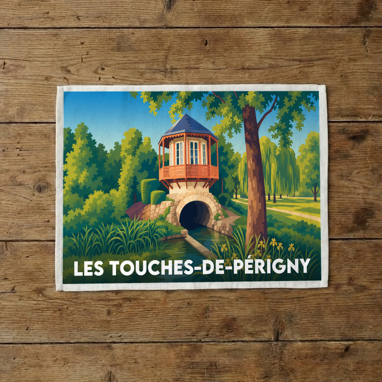 Torchon souvenir de Les Touches-de-Périgny avec une illustration stylisée d'un pavillon surplombant un cours d'eau.
