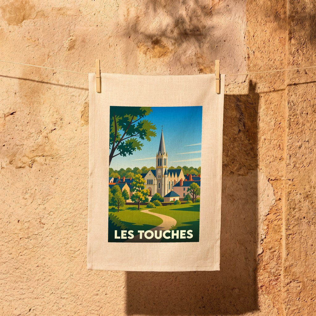 Torchon souvenir de la ville de Les Touches avec une illustration stylisée d'un clocher et de paysages verdoyants.