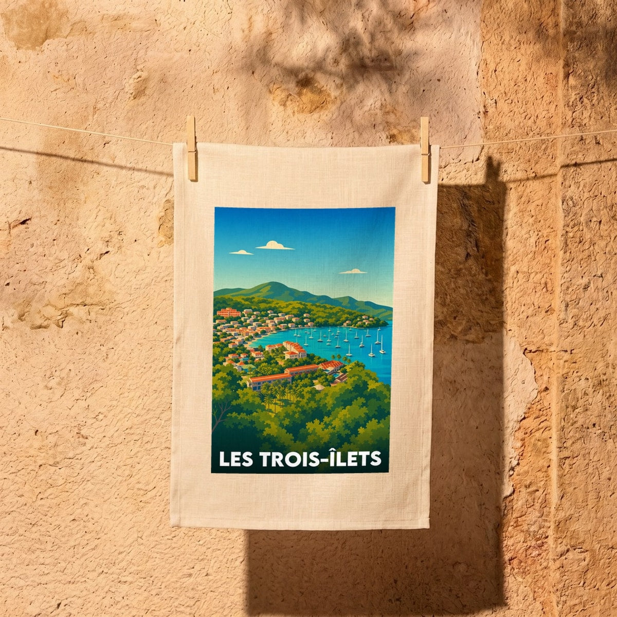 Torchon souvenir de la ville de Les Trois-Îlets avec une illustration stylisée de sa baie et de ses voiliers.