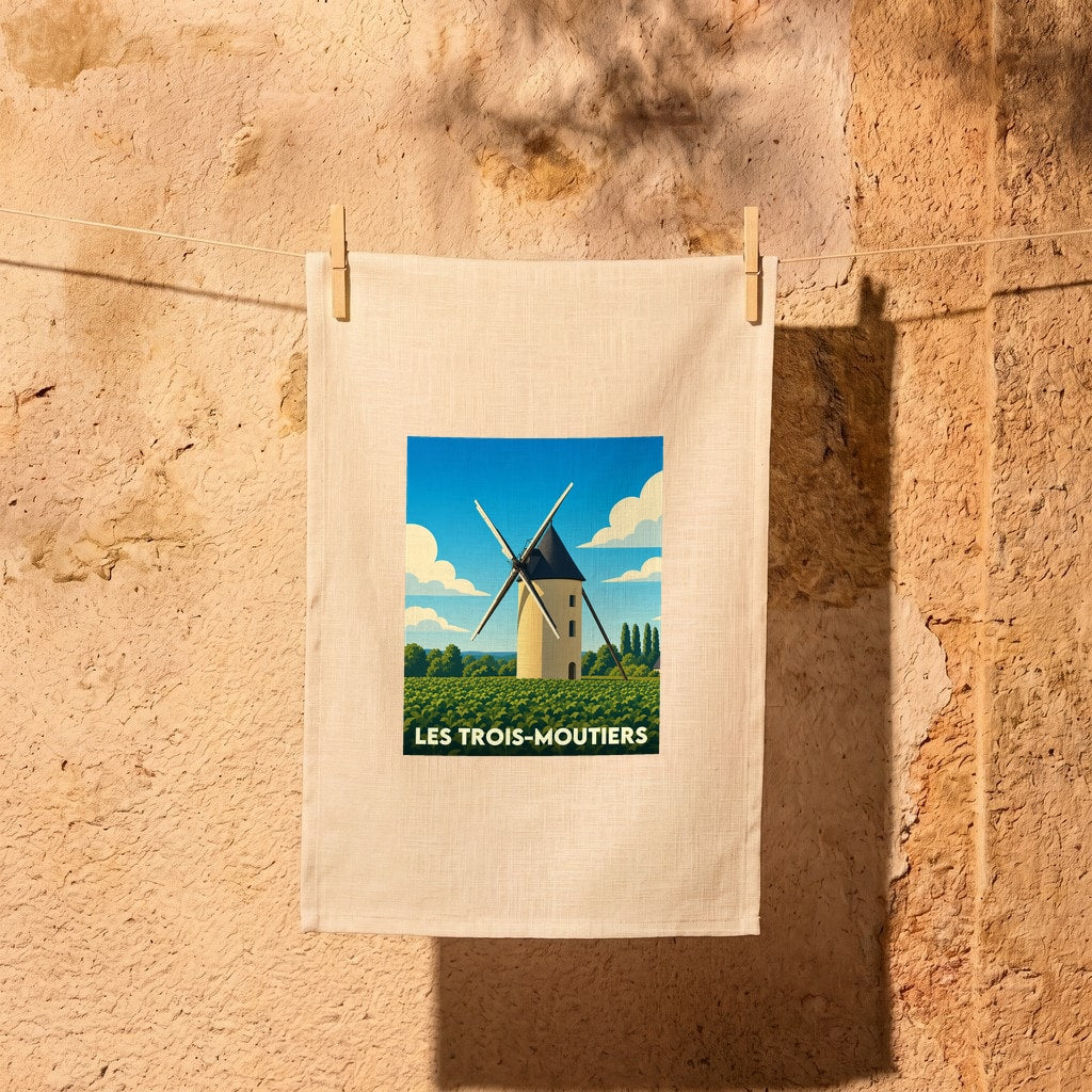 Torchon souvenir de la ville de Les Trois-Moutiers avec une illustration stylisée représentant un moulin.