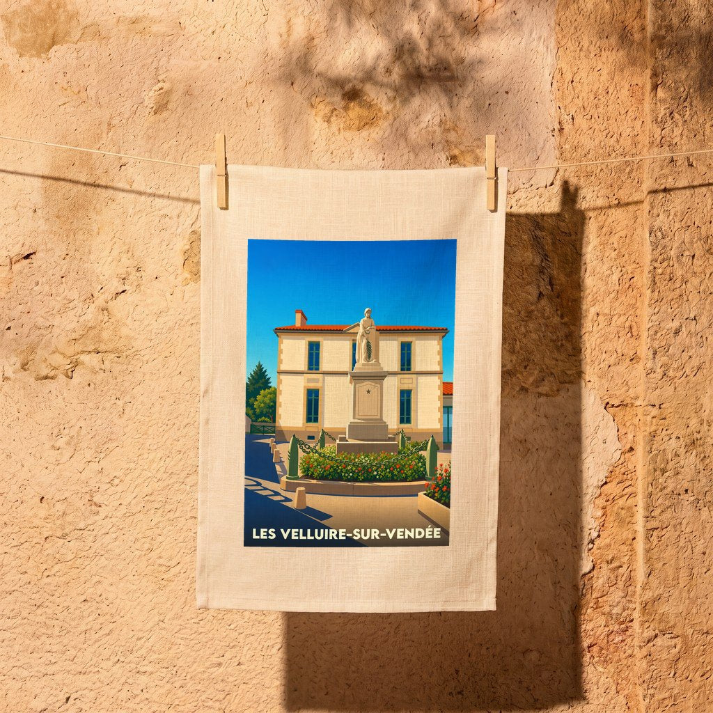 Torchon souvenir de la ville de Les Velluire-sur-Vendée avec une illustration stylisée.