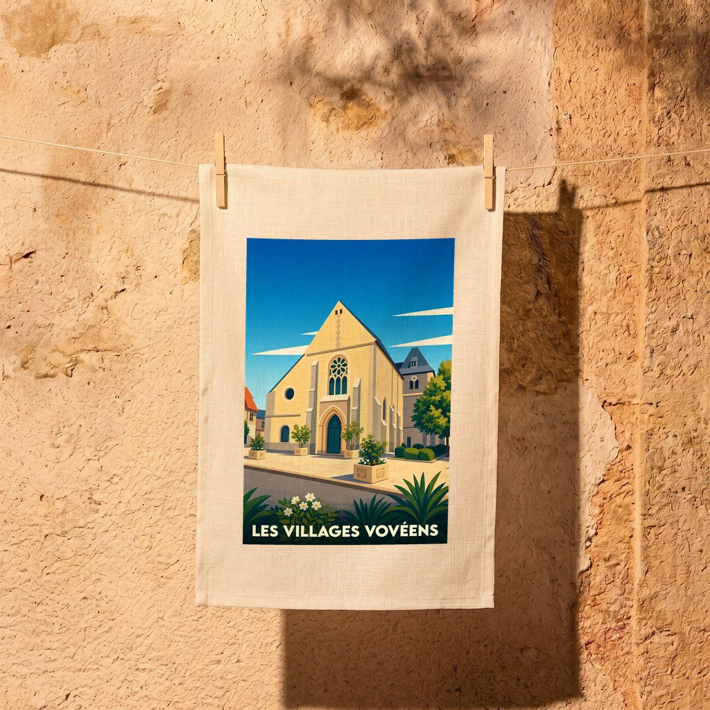 Torchon souvenir de la ville de Les Villages Vovéens avec une illustration stylisée d'une église.