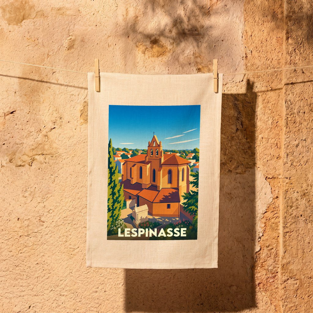 Torchon souvenir de la ville de Lespinasse avec une illustration stylisée de son église.