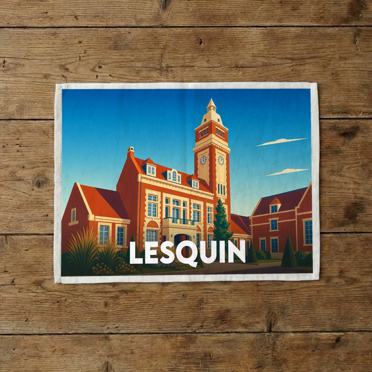 Torchon souvenir de la ville de Lesquin illustrant son hôtel de ville dans un style vintage.