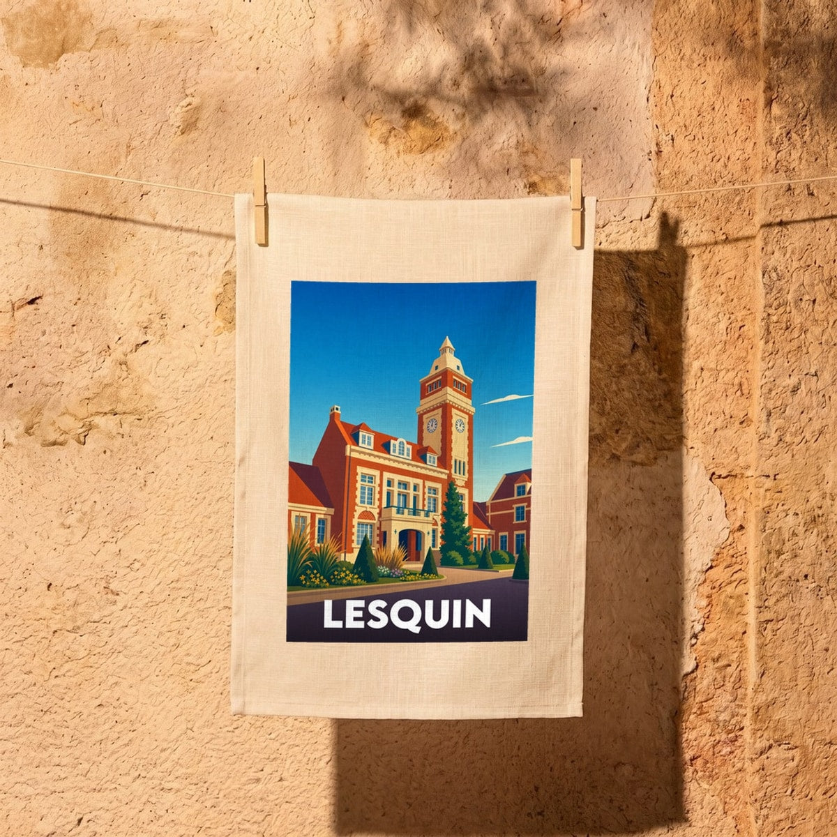 Torchon souvenir de la ville de Lesquin illustrant son hôtel de ville dans un style vintage.