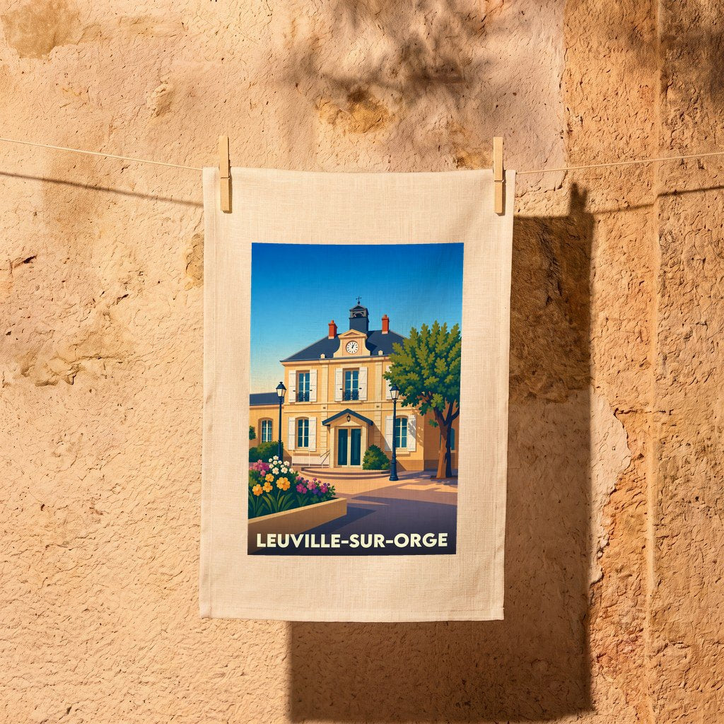 Torchon souvenir de la ville de Leuville-sur-Orge avec une illustration stylisée de sa mairie.