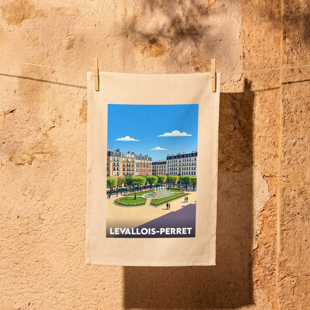 Torchon souvenir de la ville de Levallois-Perret avec une illustration stylisée de sa place principale et de sa fontaine.