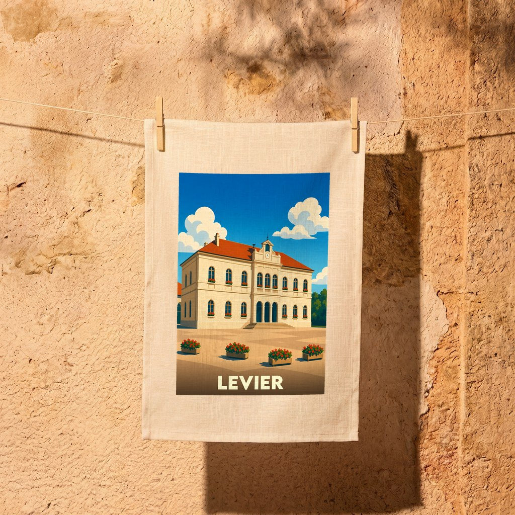 Torchon souvenir de la ville de Levier illustré par un dessin stylisé de son hôtel de ville.