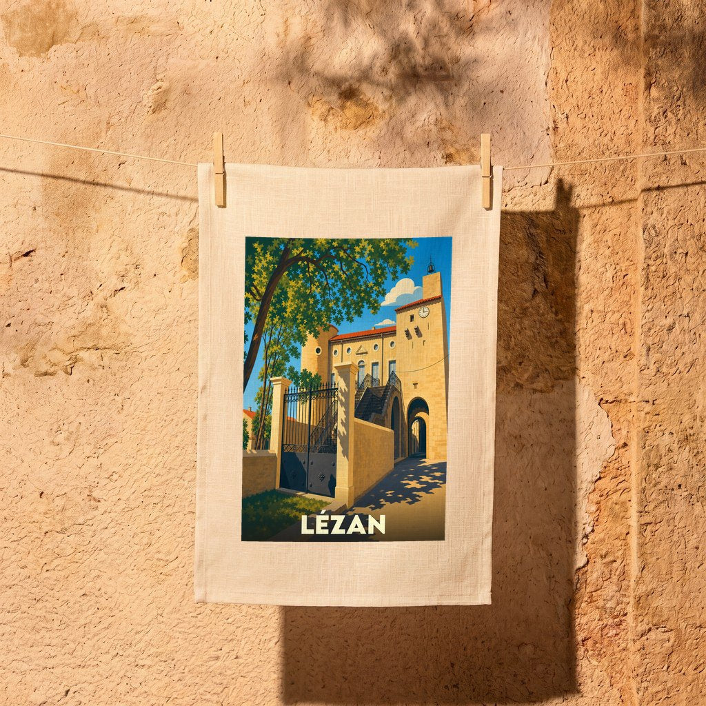 Torchon souvenir de la ville de Lézan avec une illustration stylisée.