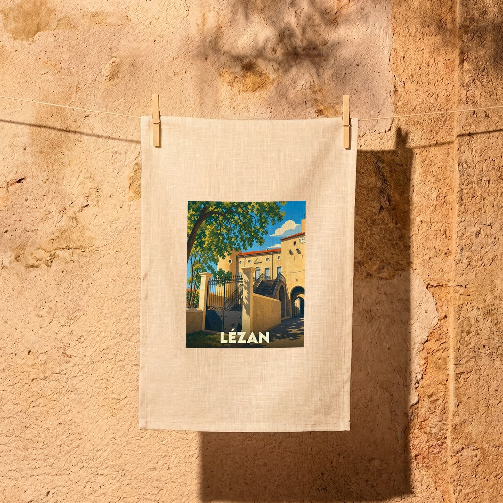 Torchon souvenir de la ville de Lézan avec une illustration stylisée.