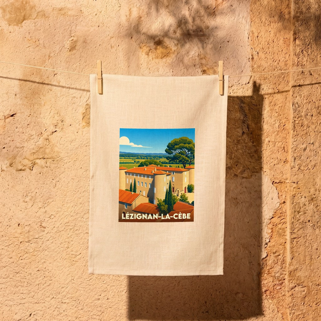 Torchon souvenir de Lézignan-la-Cèbe orné d'une illustration stylisée du village et de ses paysages.