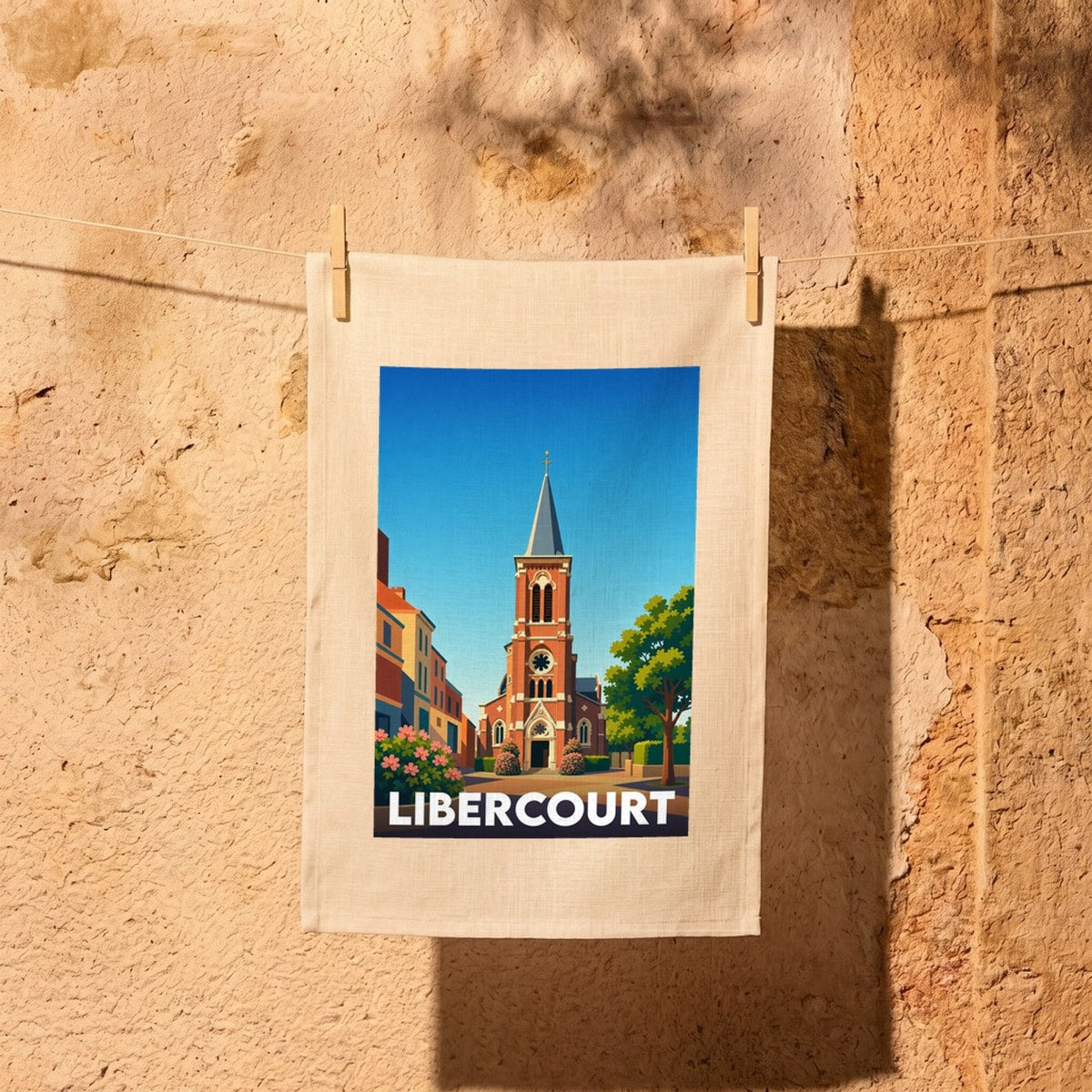 Torchon souvenir de la ville de Libercourt avec une illustration stylisée d'une église et de maisons colorées.