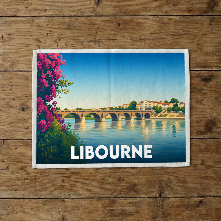 Torchon souvenir de la ville de Libourne avec une illustration stylisée d'un pont de pierre.