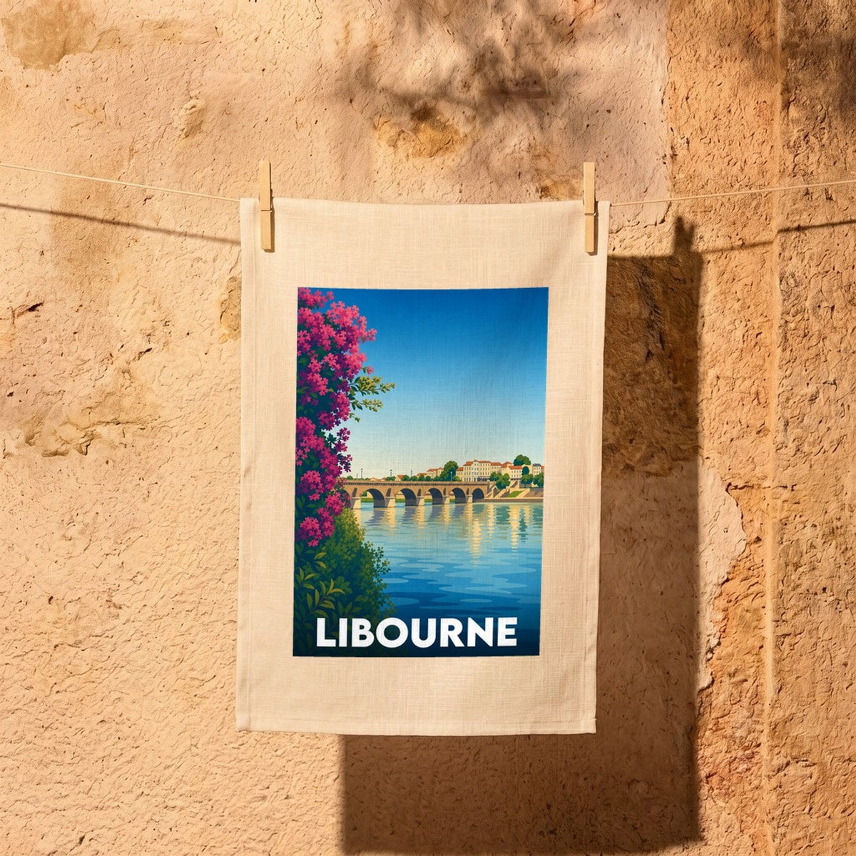 Torchon souvenir de la ville de Libourne avec une illustration stylisée d'un pont de pierre.