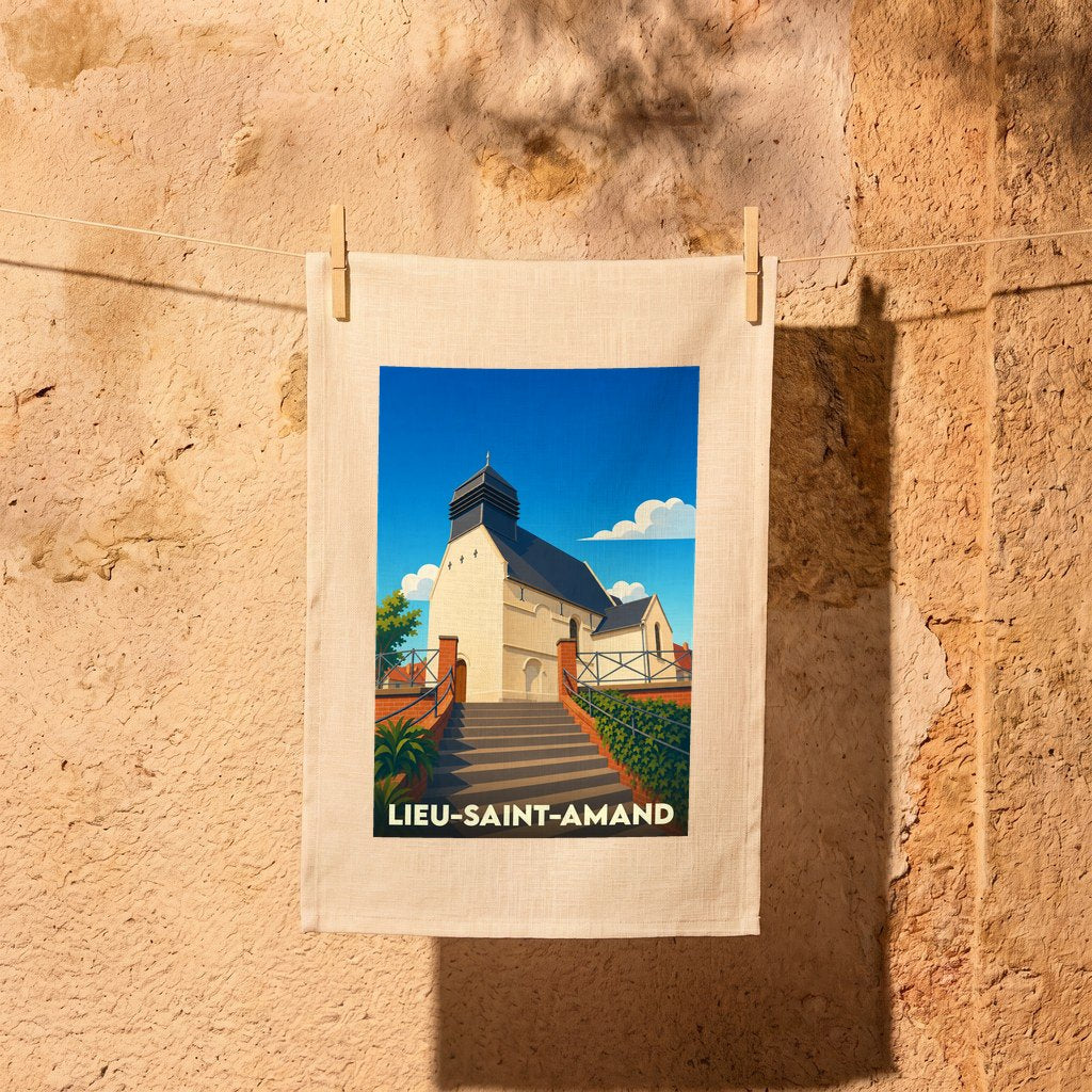 Torchon souvenir de Lieu-Saint-Amand illustré par un dessin stylisé de son église.