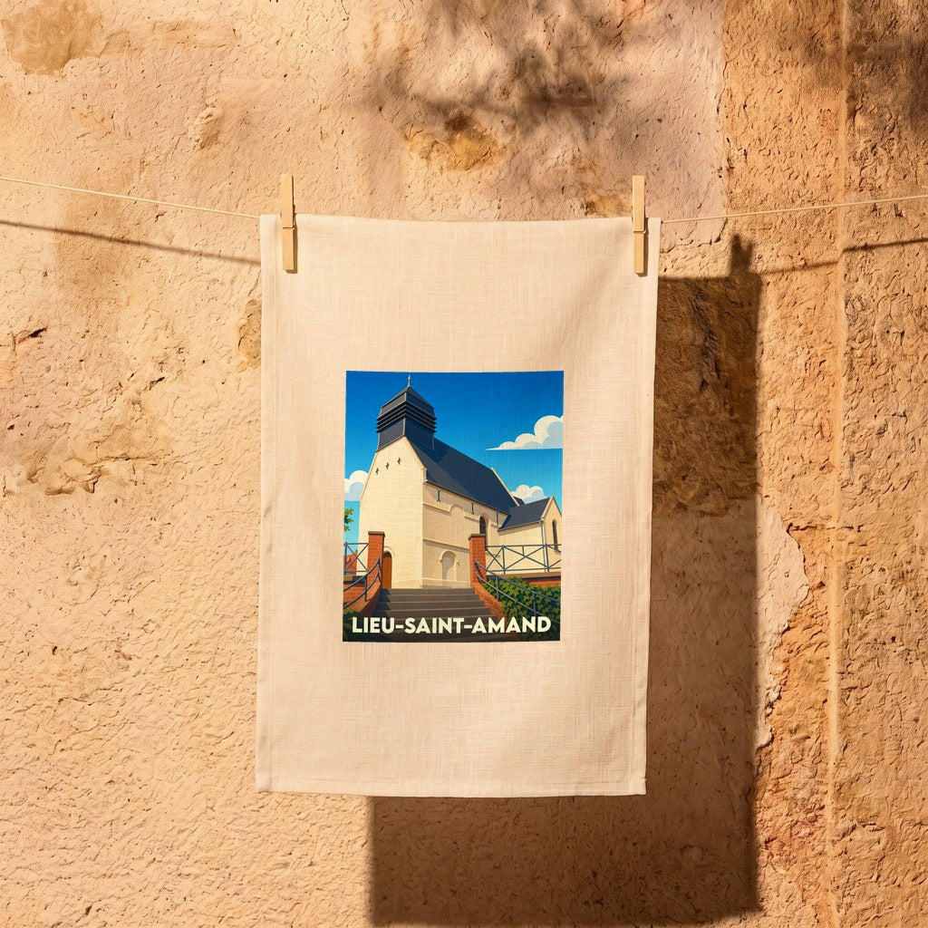 Torchon souvenir de Lieu-Saint-Amand illustré par un dessin stylisé de son église.