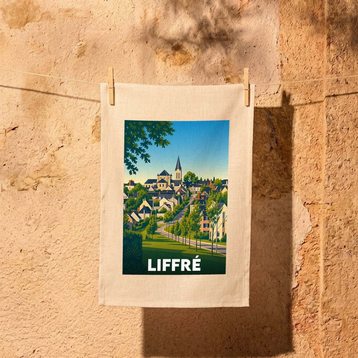 Torchon souvenir de la ville de Liffré avec une illustration stylisée et colorée de son paysage urbain.
