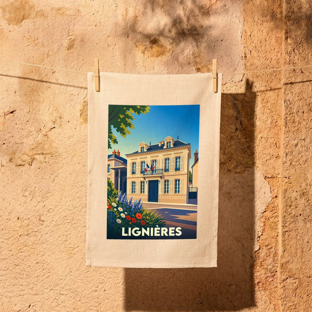 Torchon souvenir de la ville de Lignières avec une illustration stylisée d'une demeure bourgeoise française.