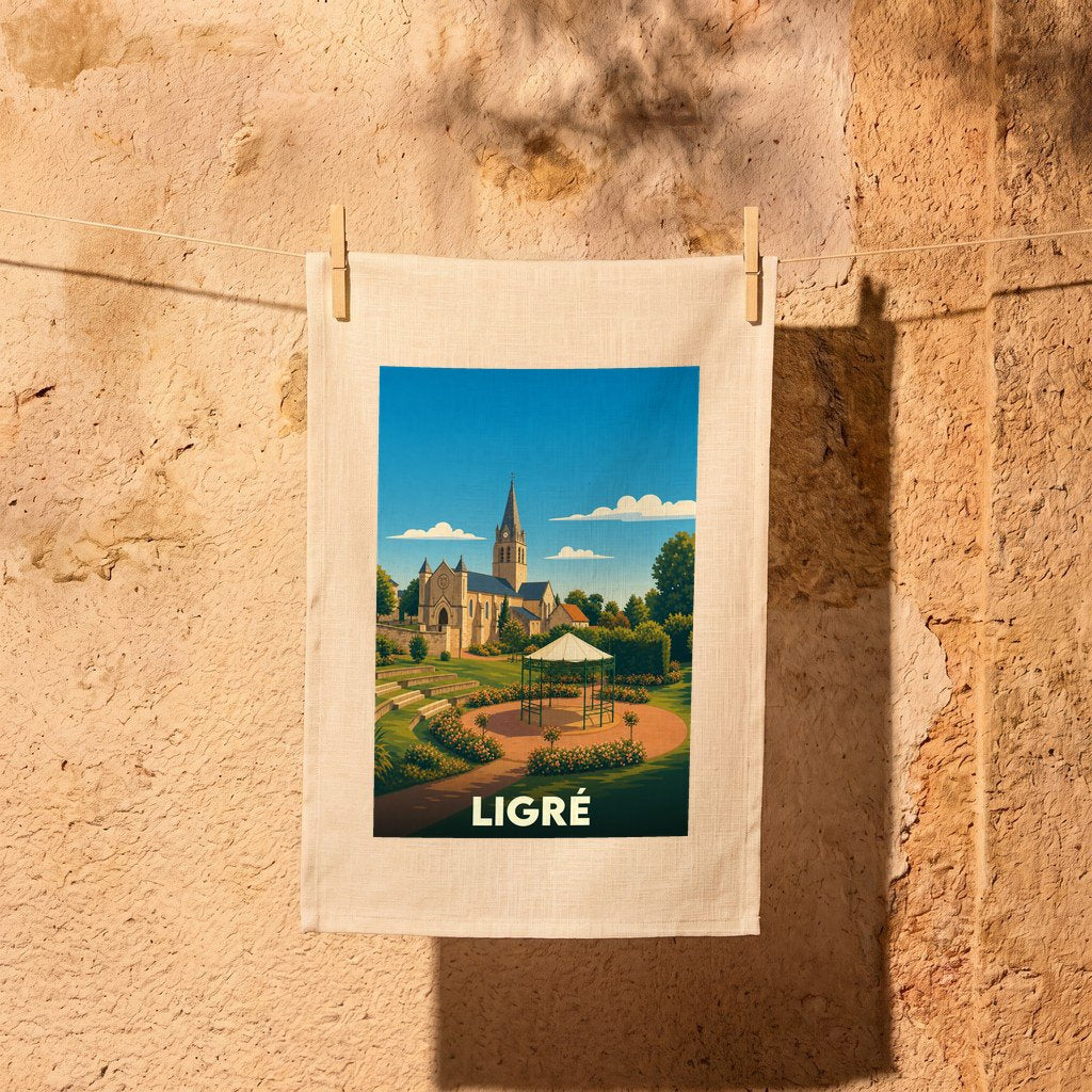 Torchon souvenir de la ville de Ligré avec une illustration stylisée.