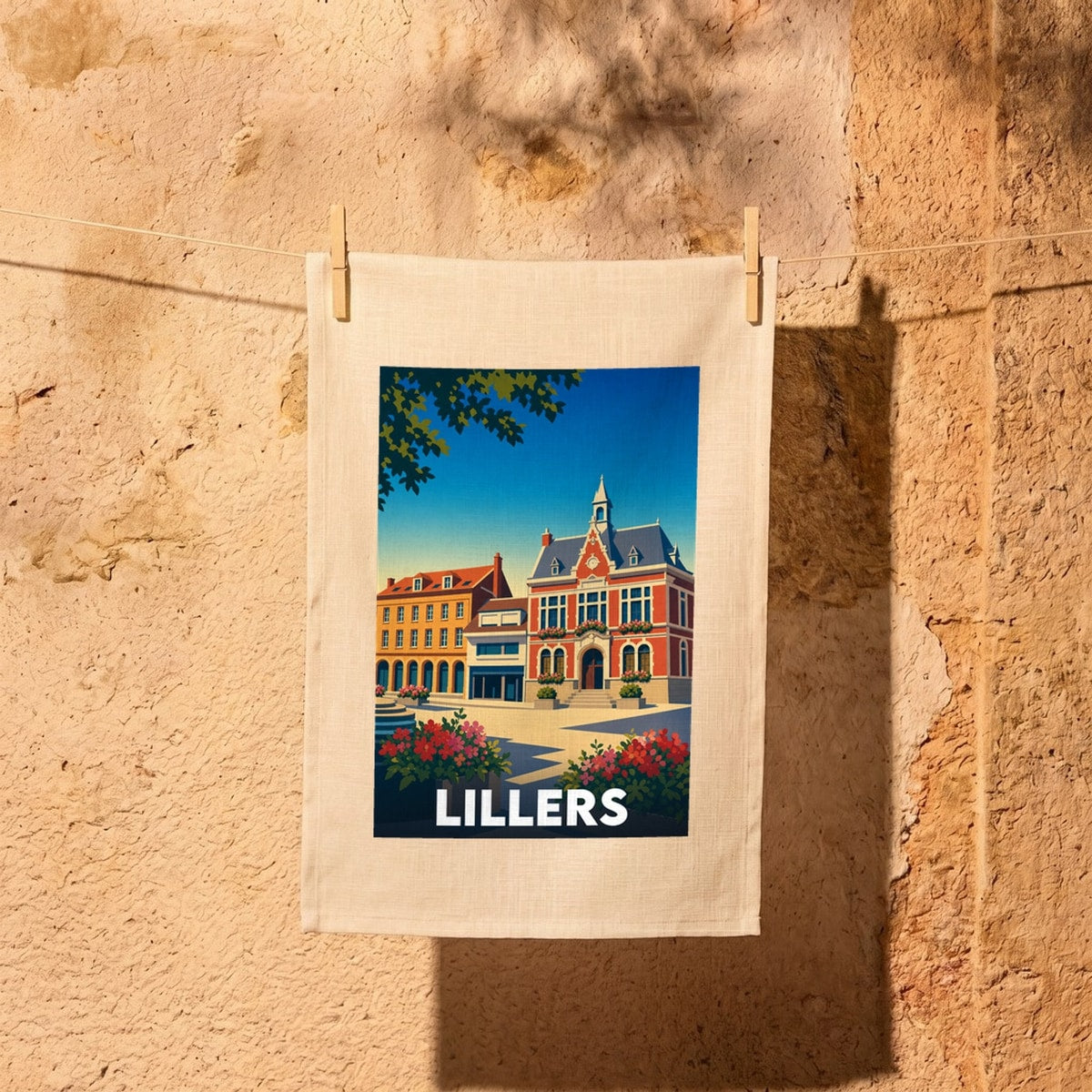 Torchon souvenir de la ville de Lillers avec une illustration stylisée de ses façades colorées.