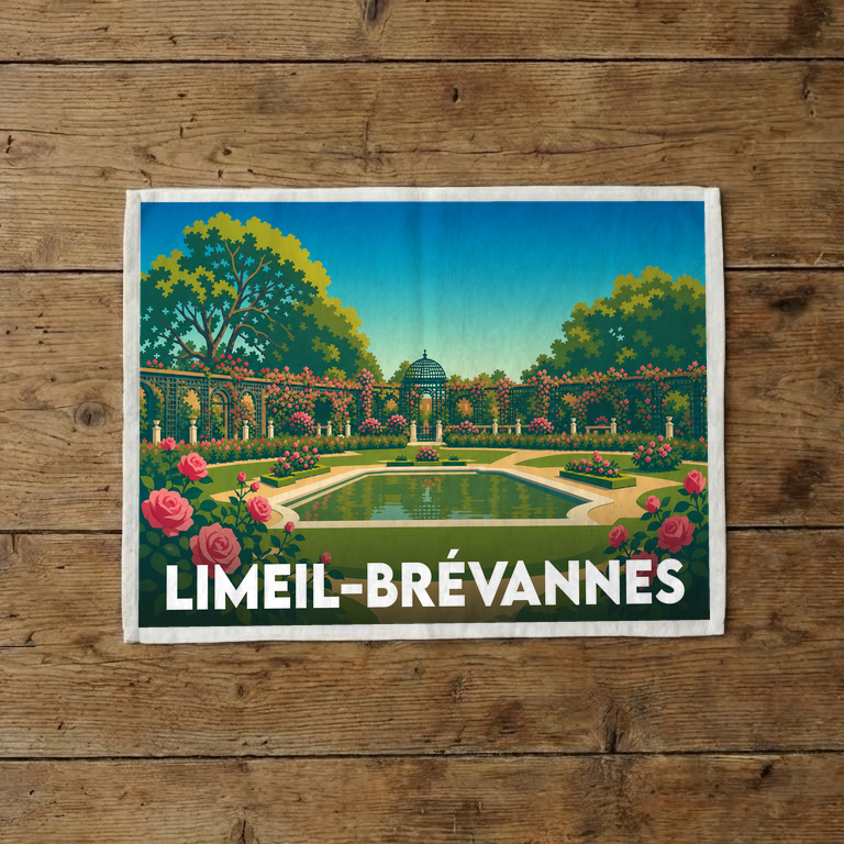 Torchon souvenir de la ville de Limeil-Brévannes avec une illustration stylisée d'un jardin fleuri.