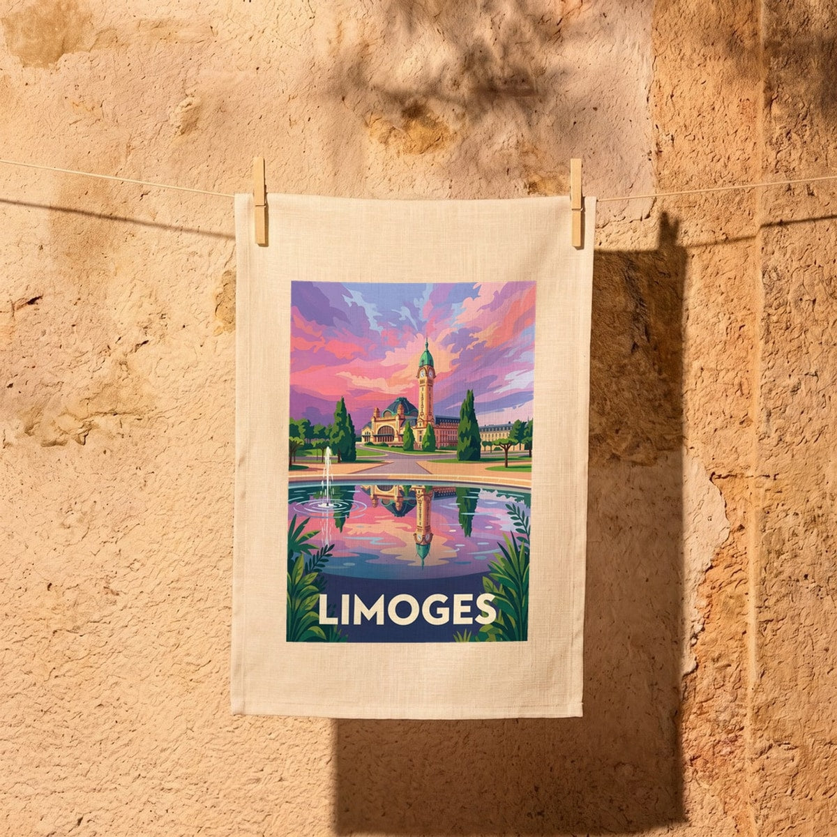 Torchon souvenir de la ville de Limoges avec une illustration stylisée de sa célèbre gare.