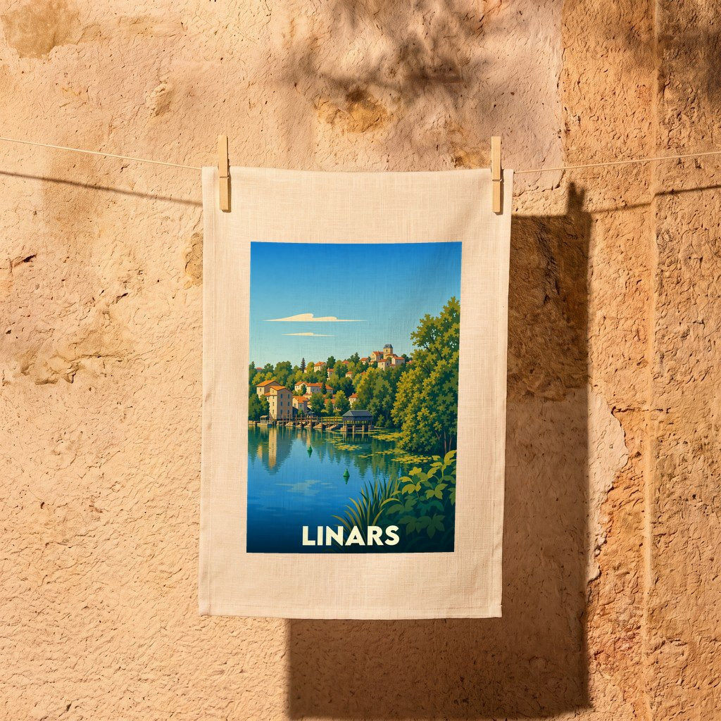 Torchon souvenir de la ville de Linars avec une illustration stylisée d'un paysage lacustre.