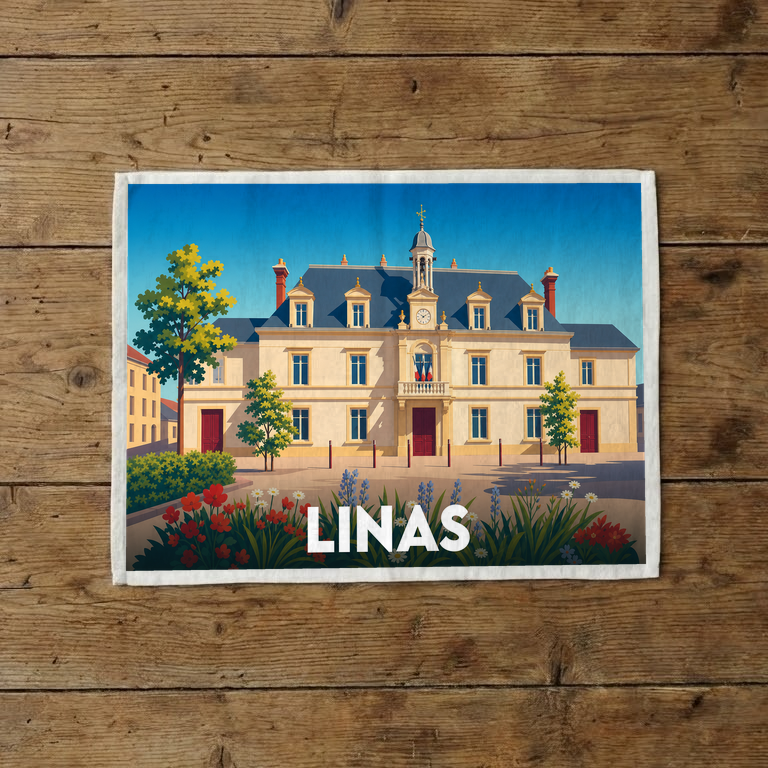 Torchon souvenir de la ville de Linas avec une illustration stylisée de son hôtel de ville.
